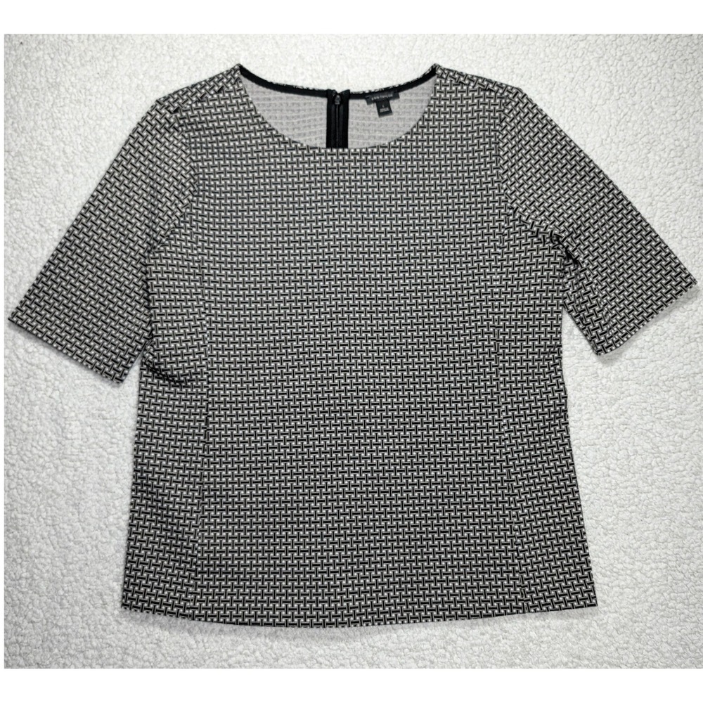 Ann Taylor Women Top Rayon Blend Black White Geometric Basketweave Fit L 504367